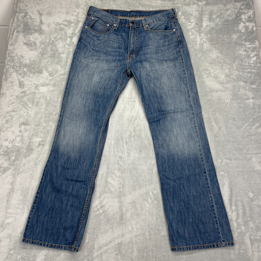 Levi's Jeans Mens 36x34 Blue Denim Whiskered Faded Stretch 527 Slim Bootcut Leg